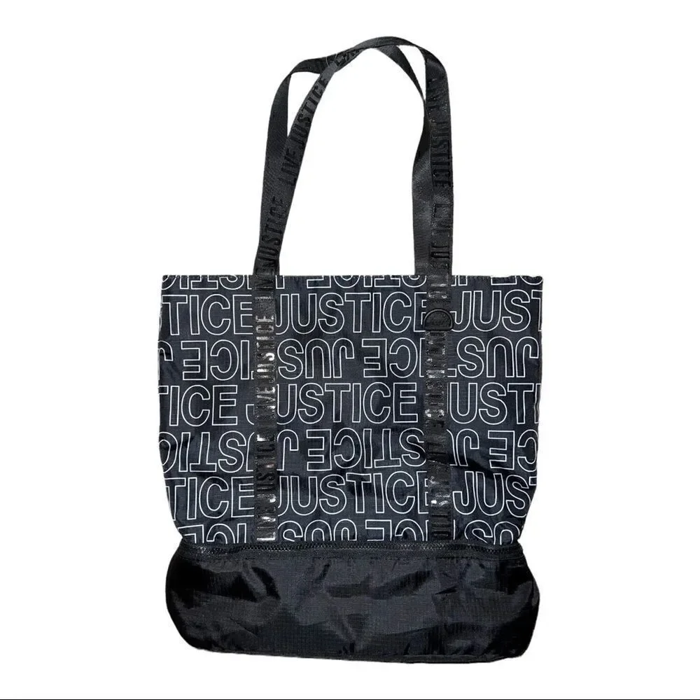 Justice Logo Drawstring Tote Bag Black White Girls Bag EUC